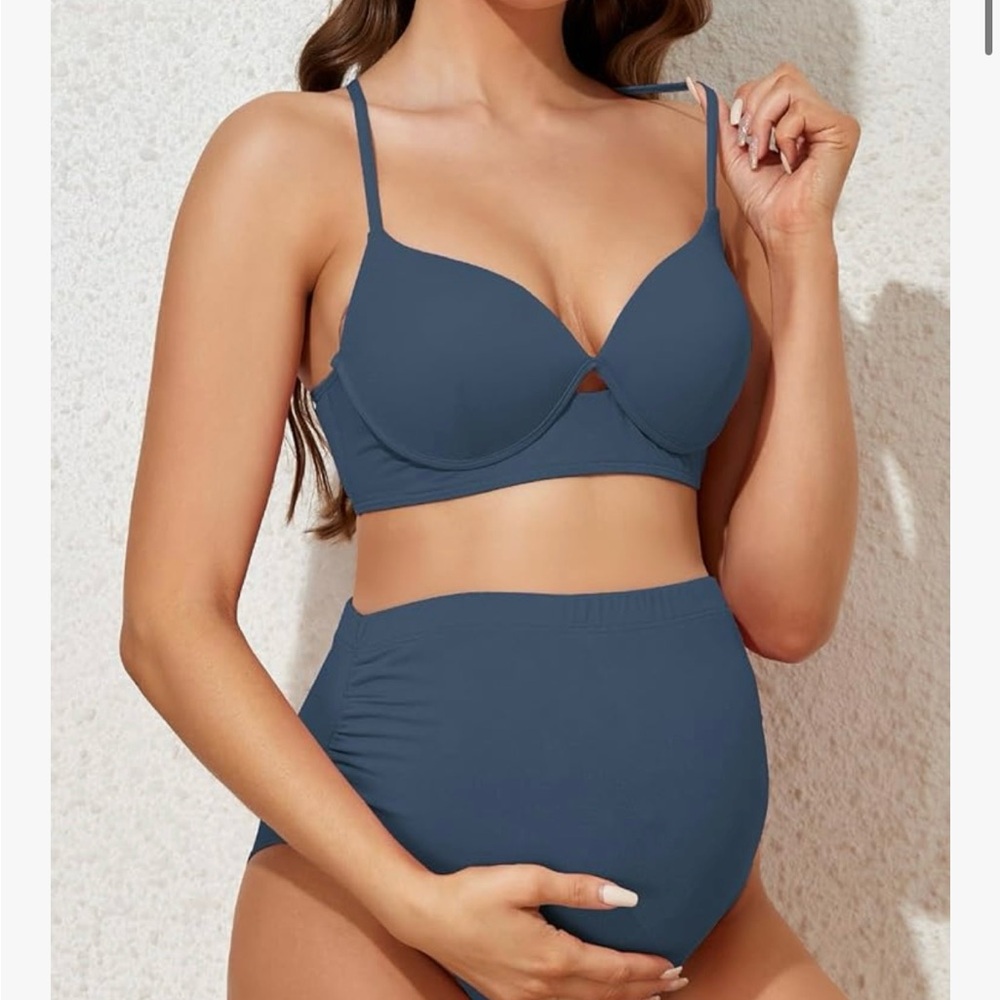 Two-Piece Maternity Swimsuit with Supportive Cups. Pine Green Blue.  (S)